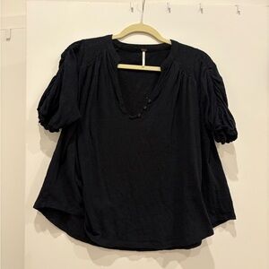 Free People Black V-Neck Loose Henley Top XS